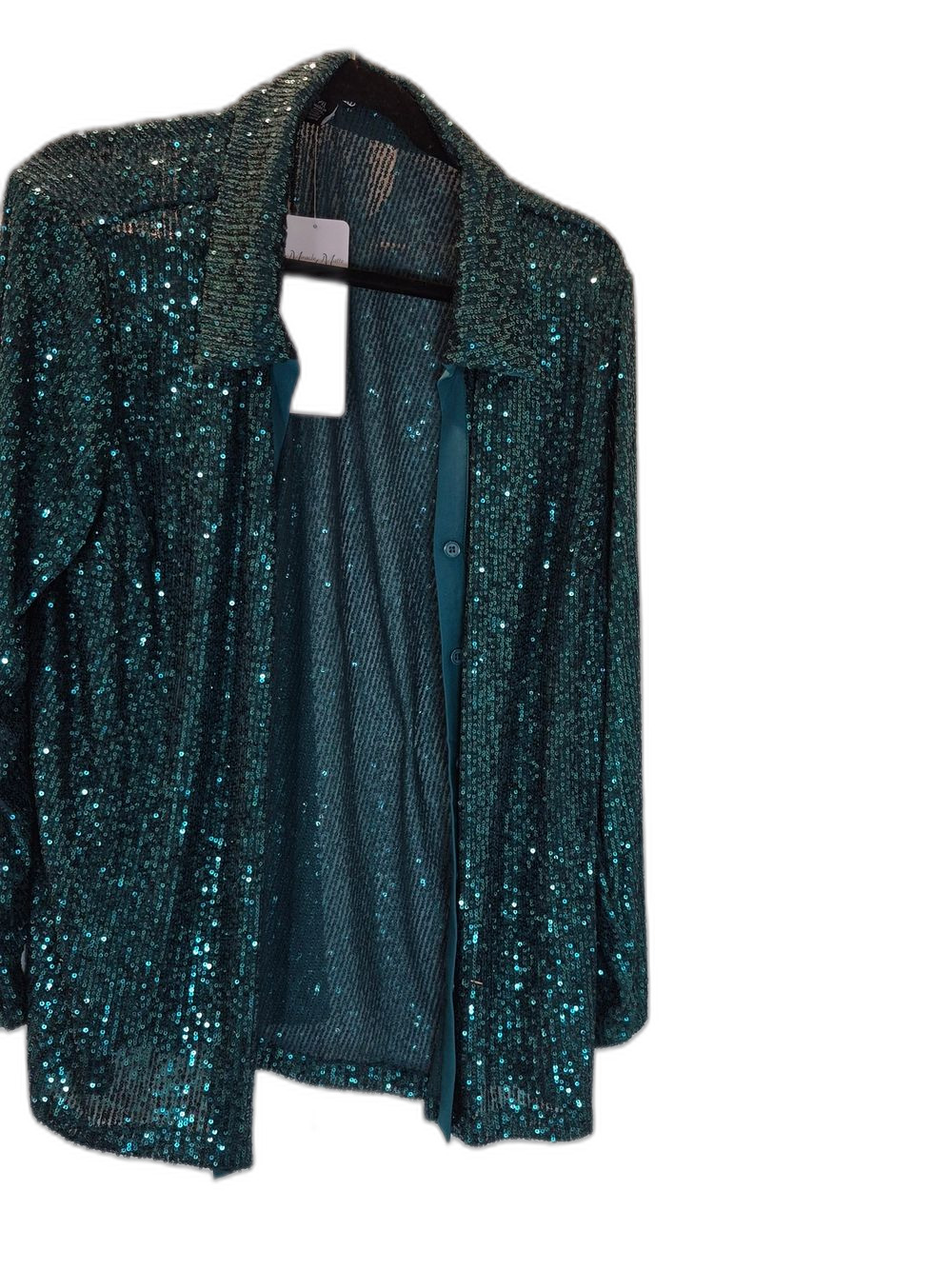 Nina Leonard Teal Sequin Collared Jacket